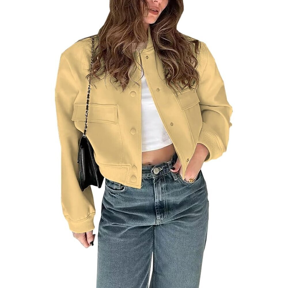 🆕Women Yellow Cropped Bomber Jacket Button Down Varsity Shacket with Pockets
